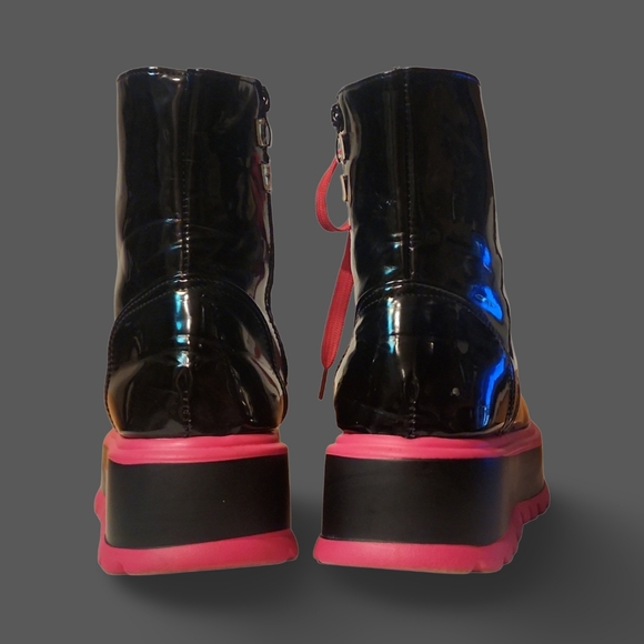 ✦✦Patent Pleather Black and Neon Pink Platform Boots Punk Cyberpunk Goth Rave✦✦ - Picture 2 of 8